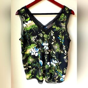 PHYLOSOPHY BLACK White GreenFloral V-Neck Sleeveless Top Blouse Size M